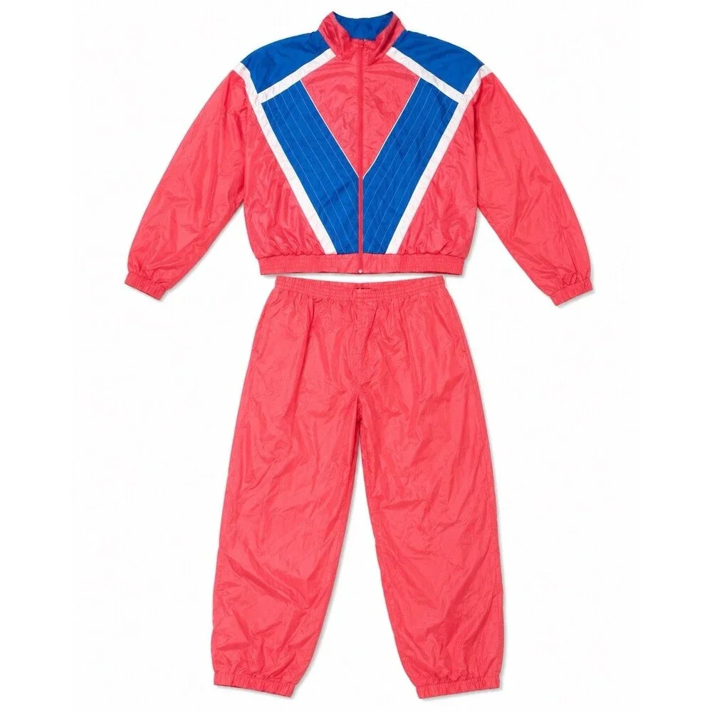 Vintage 90s Sunterra XL Nylon Tracksuit Pink Blue Windbreaker Jacket Pants Set